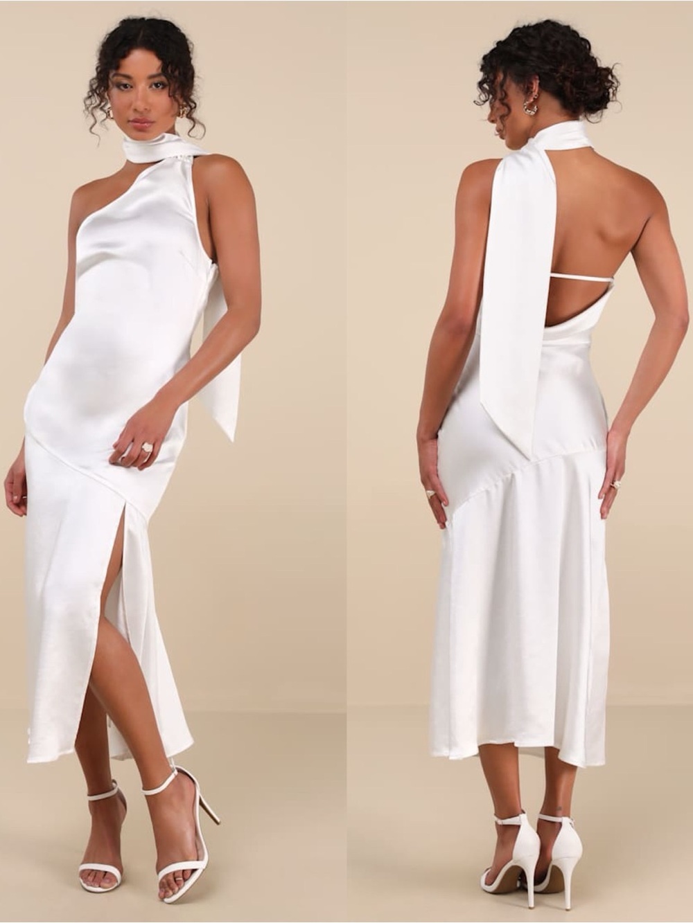 LULU'S Reglan White Satin One-Shoulder Sash Midi Dress